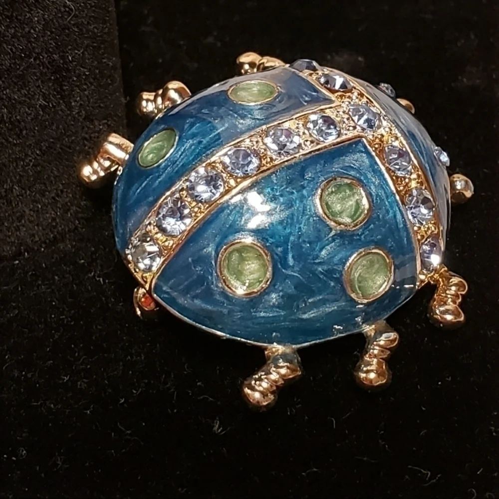 Enamel & Rhinestone Beetle Bug Cute Brooch Pin Teal